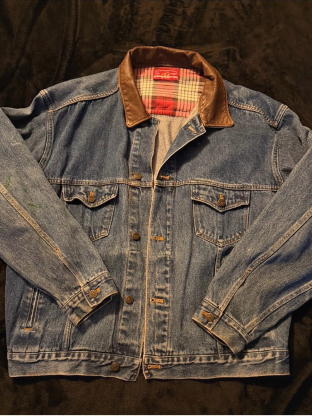 Classic Blue Denim Bomber Jacket with Brown Collar